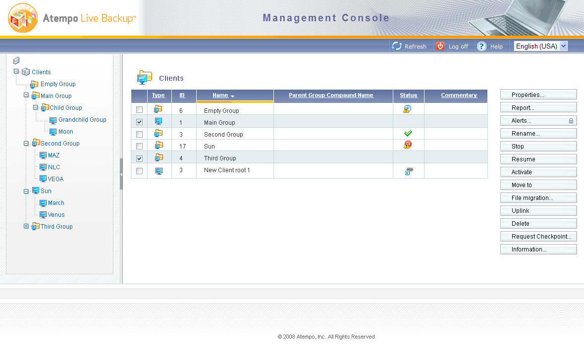 Дизайн главной страницы LiveBackup Server Console, Atempo